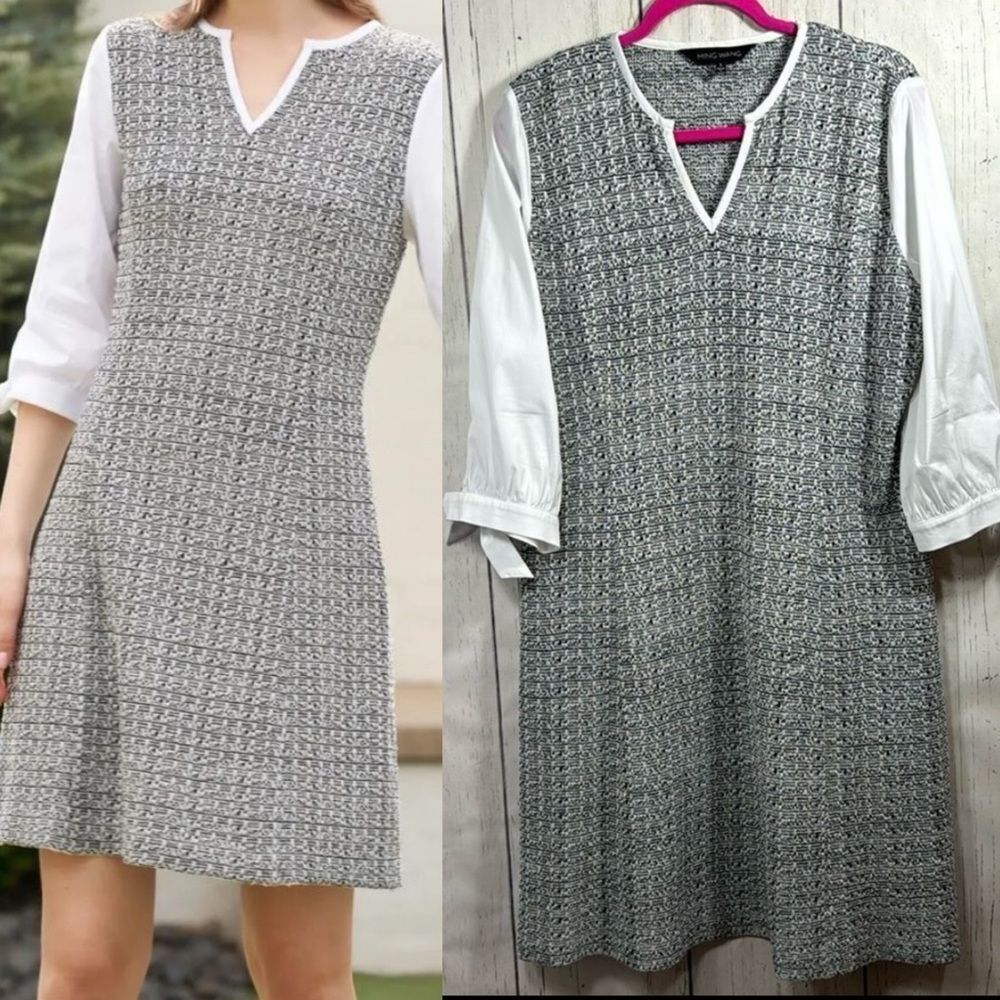 Ming Wang Tweed Knit Shift Dress with White Sleeves Size L Classic Workwear